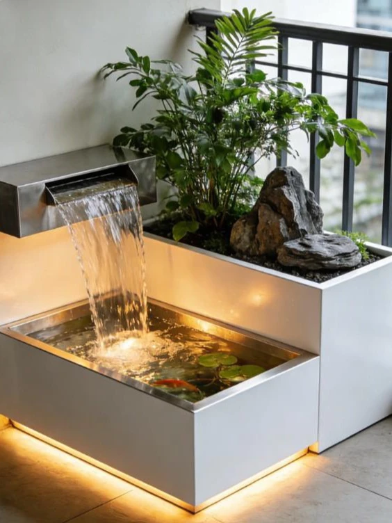 Modern White Stainless Steel Modular Fish Pond - Luxury Outdoor Water Fountain with Planter & LED Custom Garden Water Feature