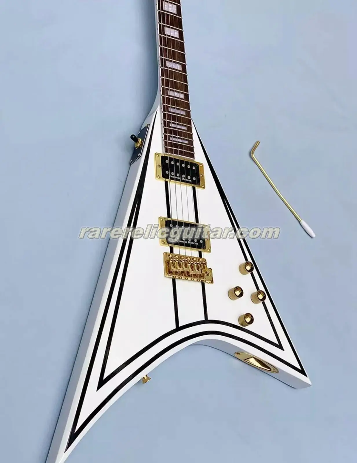 Randy Rhoads RR 1 Black Pinstripe White Concorde V Electric Guitar White Neck Binding Tremolo Bridge Whammy Bar Gold Hardware