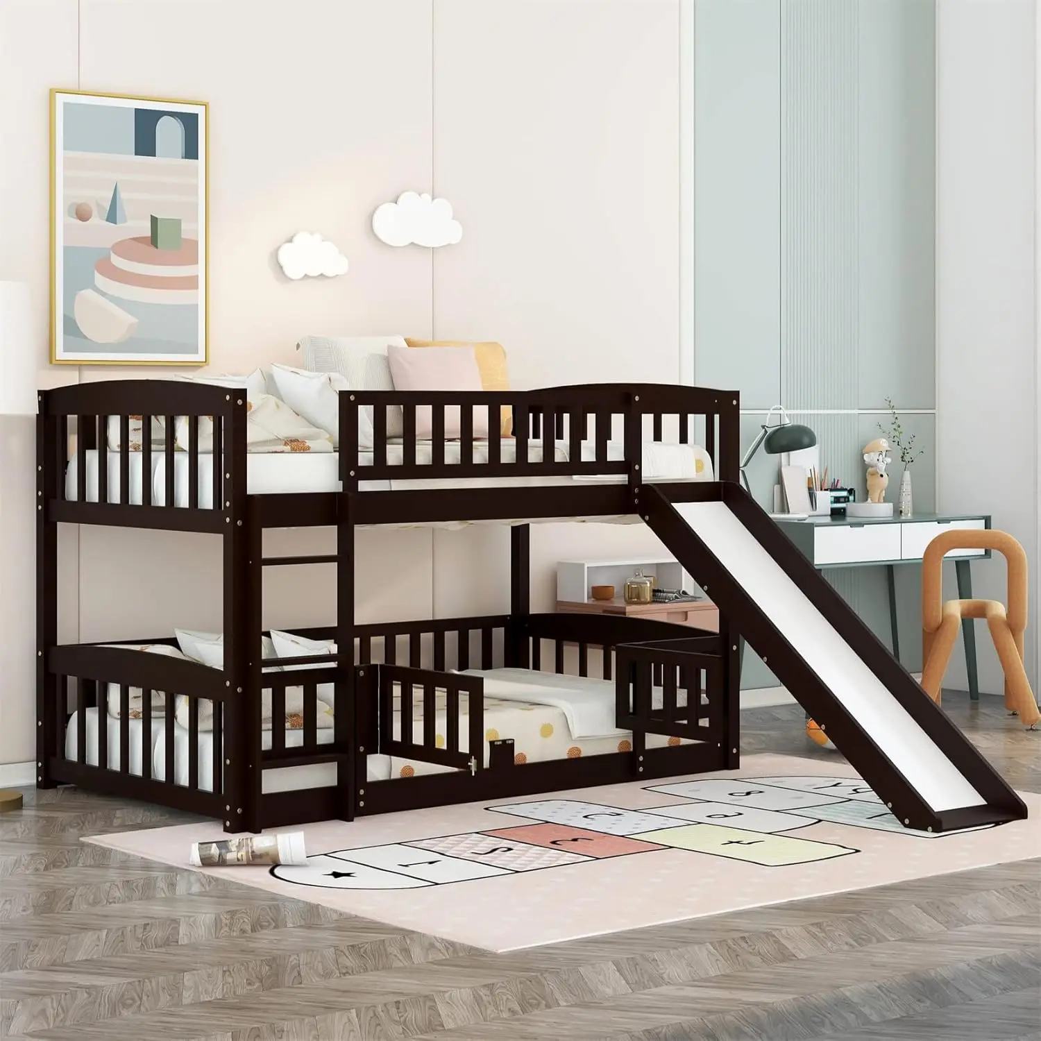Low Bunk Bed with Slide, Twin Over Twin, Wood Frame, Espresso