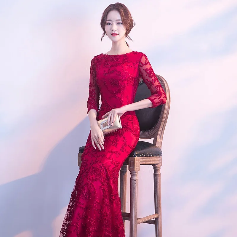 แขนยาว quincenara ชุดราตรี Burgund สี Vestido เย็บปักถักร้อย Mermaid PLUS ขนาด Robes Soirees PARTY Evens Gowns