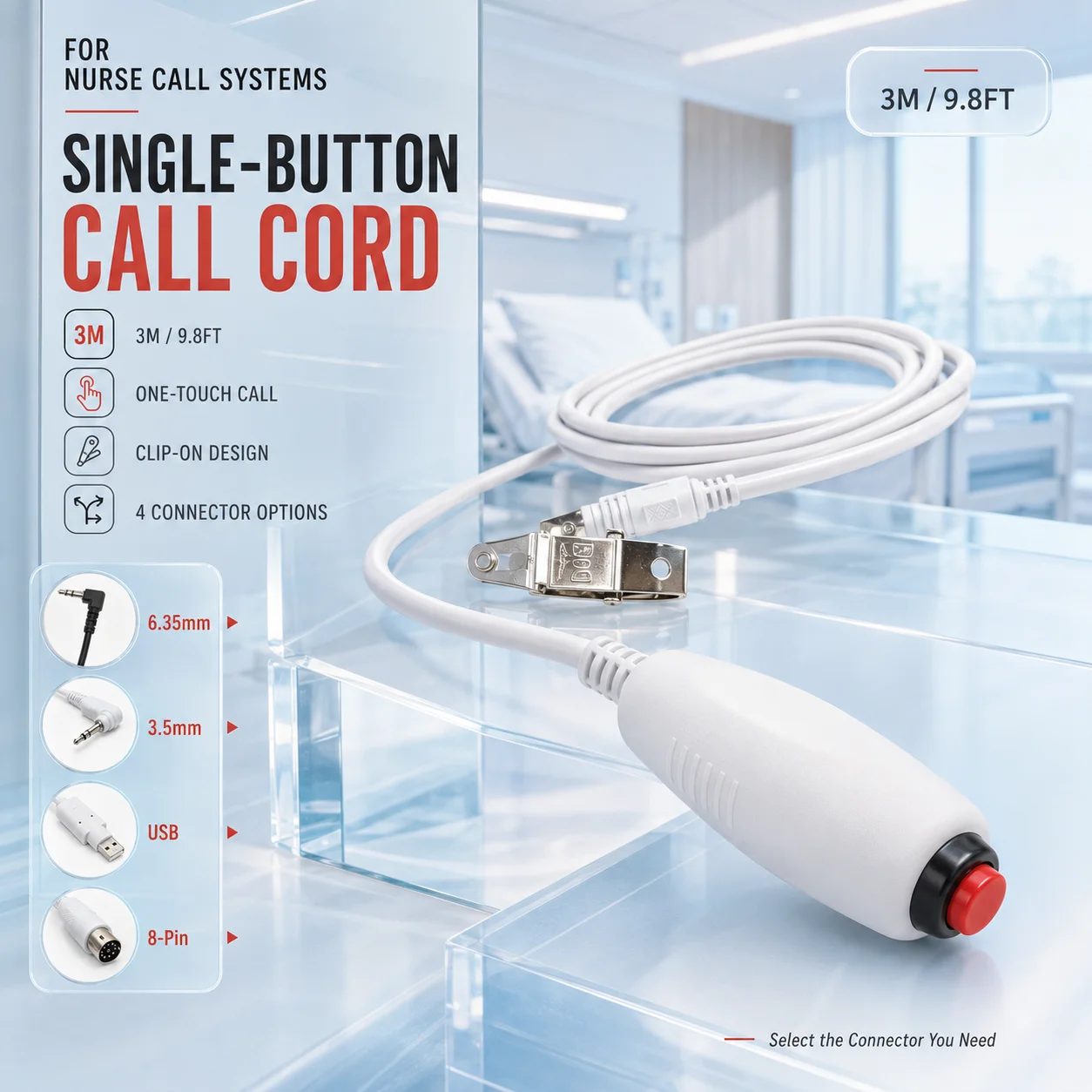 Single Button Nurse Call Cord Emergency Patient Call Button Cable with Clip 8 Pin Connector for Hospital Home Care multiple plug