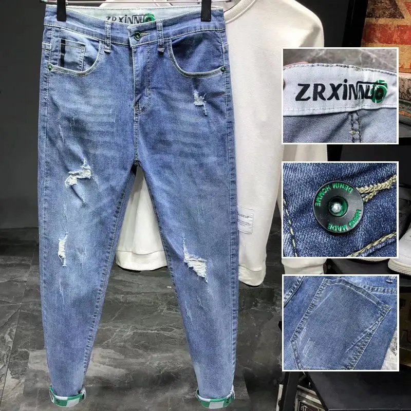 

Original Fashion Luxury Brand Wash Stylish Men's Designer Blue Denim Boyfriend Slim with Ripped Hem and Distressed Broken Jeans