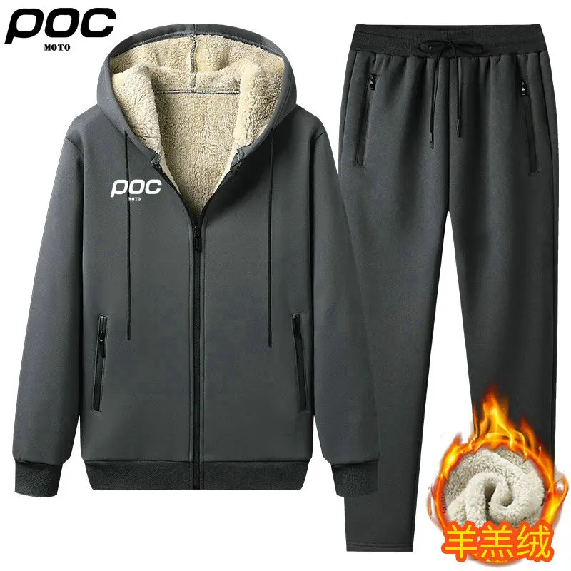 MOTO POC Men New Winter Fleece Cycling Sets Thicken Warm Sports Suit Tracksuit Hooded Sportswear Zipper Hoodies Pant Set M-4XL