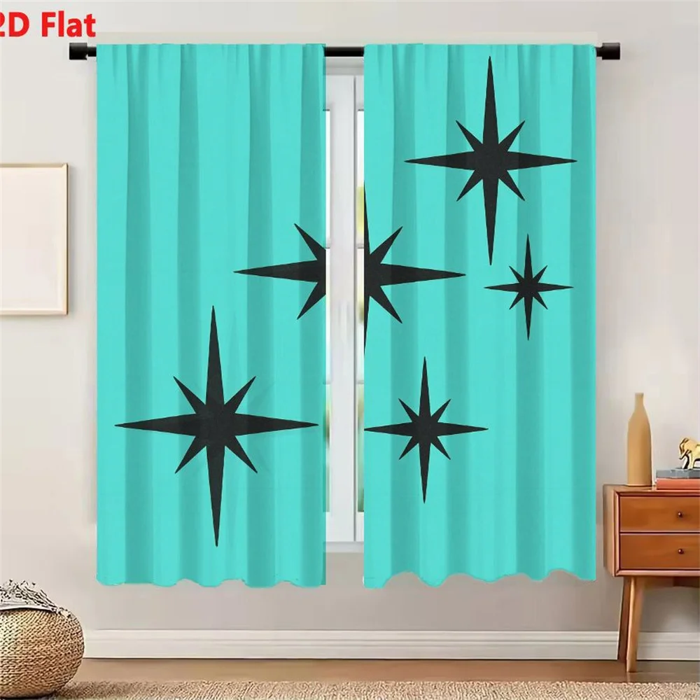 2Pcs Curtains 2D Flat Teal Background With Five Black Star - Shaped Geometric Decorations Varying Sizes Symmetrical Radiating Po