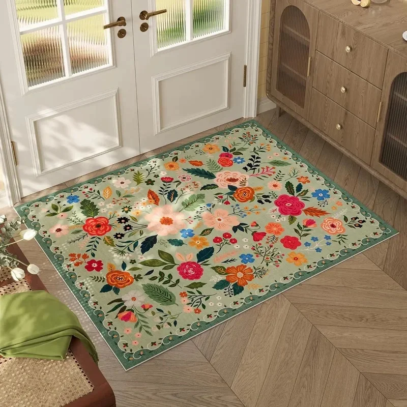 VIKAMA Vintage Hand Drawn Flower Leaf Pattern Anti-slip Mat Soft Wear-resistant Bedroom Living Room Elegant Decor Carpet