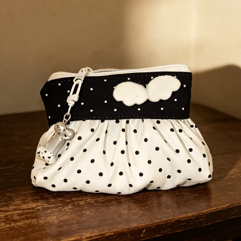 Korean Polka Dot Mini Coin Purse Cute 3D Wings Decor Hand Pouch Sweet Girl Style Card Earphone Keys Multi-purpose Storage Bag