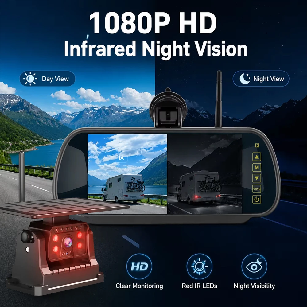 Wireless Solar Backup Camera System 7" Rearview Mirror Monitor 1080P Magnetic Night Vision Dash Cam DVR for Truck RV Pickup view 3