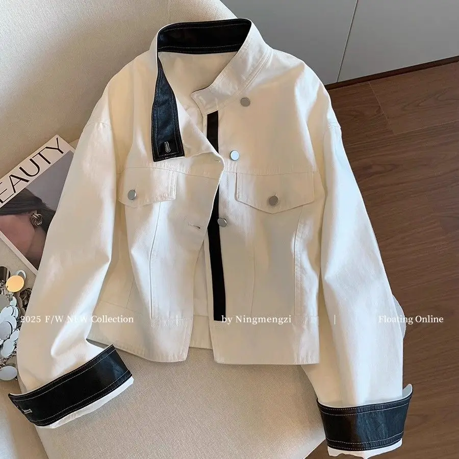 

American retro Contrasting color stand-up collar denim jacket women's autumn loose casual versatile temperament jacket top white