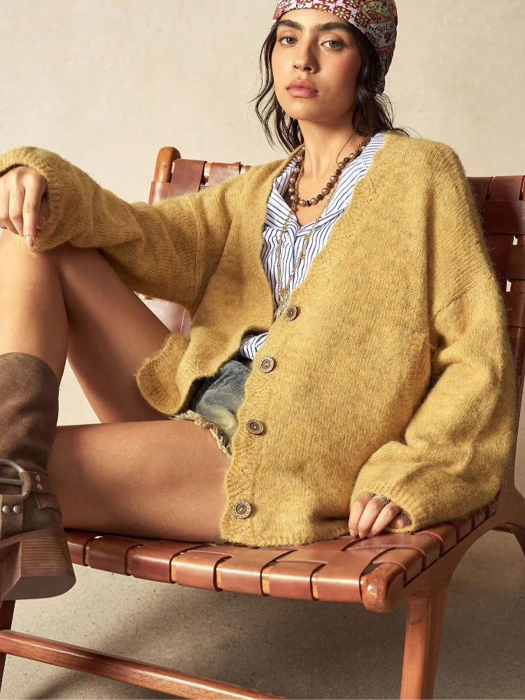 

Daily Solid Kintted Cardigans Women Fashion V-neck Full Sleeve Single Breasted Loose Short Sweater Lady Casual Commute Cardigan