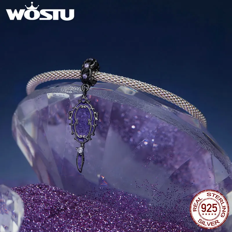 Wostu 925 prata esterlina vintage castelo contas espelho mágico pingente de cristal vermelho coração contas caber pulseira original diy punk presente