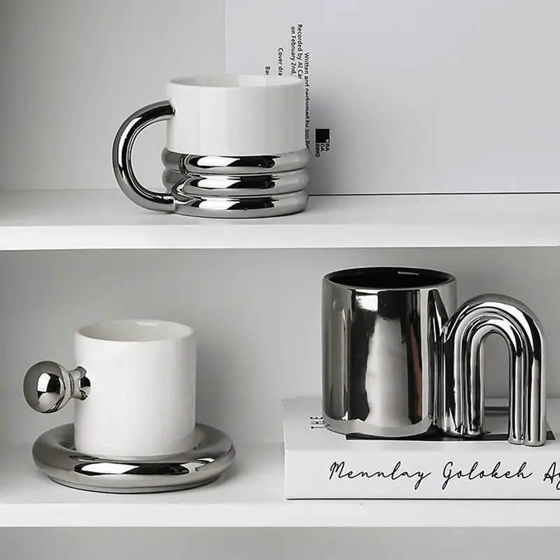 New INS Electroplated Silver Coffee Mugs With Saucer Tea Cup Water Drinking Cups Dessert Dish Breakfast Milk Mug With Tray