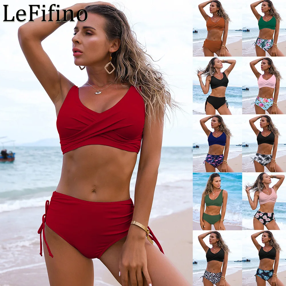 

Fashion Summer Split Body Drawstring Leopard And Plant Printing High Waisted Sexy Swimwear Suits Seaside Vacation Bikini Women's