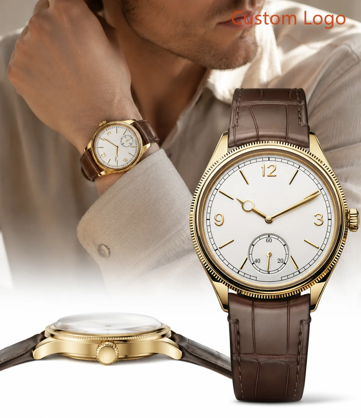 Montre Homme Automatique Vintage Étanche avec Petite Seconde, Cadran Doré, Bracelet en Cuir et Lunette Cannelée – Personnalisable