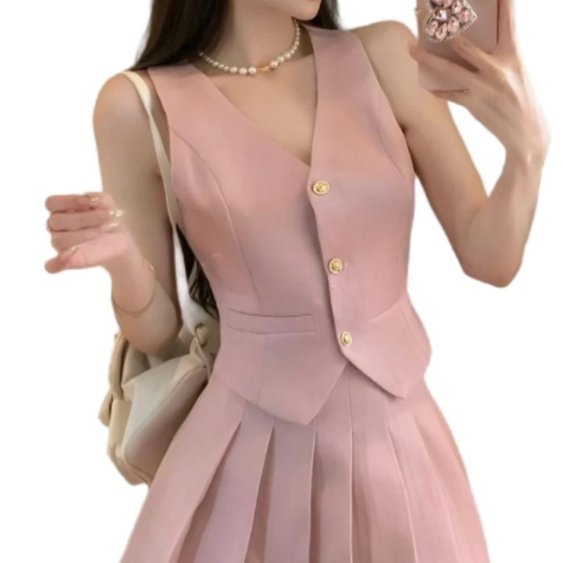 Sweet Temperament Two-piece Suit Women's Single-breasted Vest Top Pleated Skirt