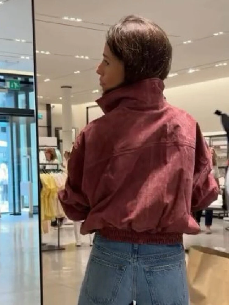 Vintage Kurze Stehkragen-Reißverschlussjacke für Damen, Langarm, Vordertaschen, Elastischer Saum, Lose Passform, Frühling/Herbst Streetwear Oberbekleidung – Detail 9