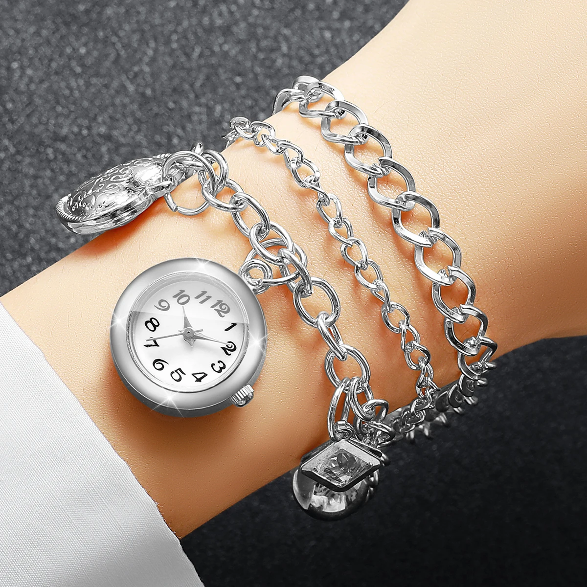 Fashion Women Silver Multi‑Layer Bracelets Watch Heart Bell Charm Quartz Ladies Dress Wristwatches Relogio Feminino（Without Box）