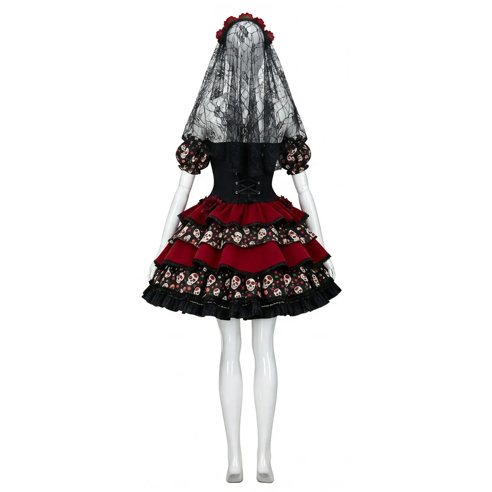 Anime Mexikanisches Todesfest Blumen-Skelett-Kleid Uniform Halloween Cosplay Kostüm Schulterfreies Blumen-Outfit mit Puffärmeln – Detail 4