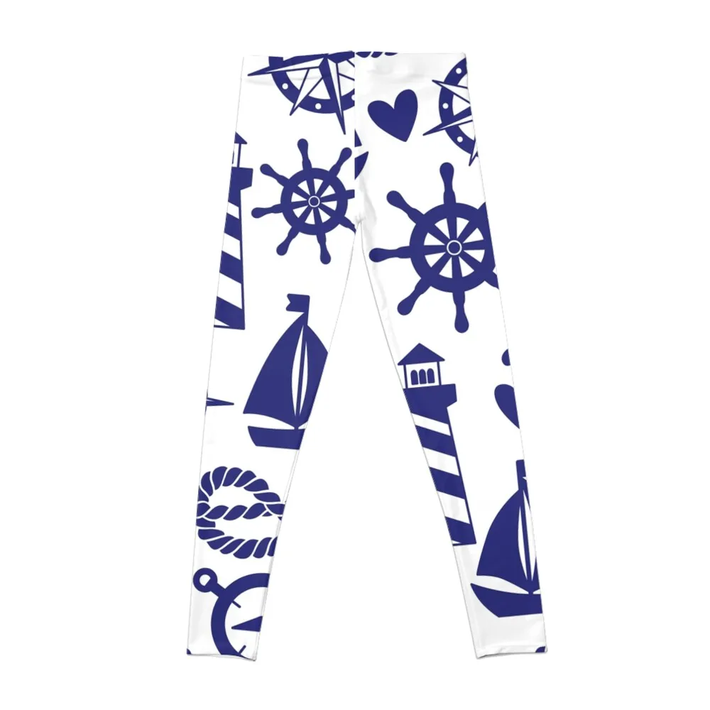 Blue and White Nautical Pattern Leggings workout shorts harem pants for girls sports tennis for Womens Leggings