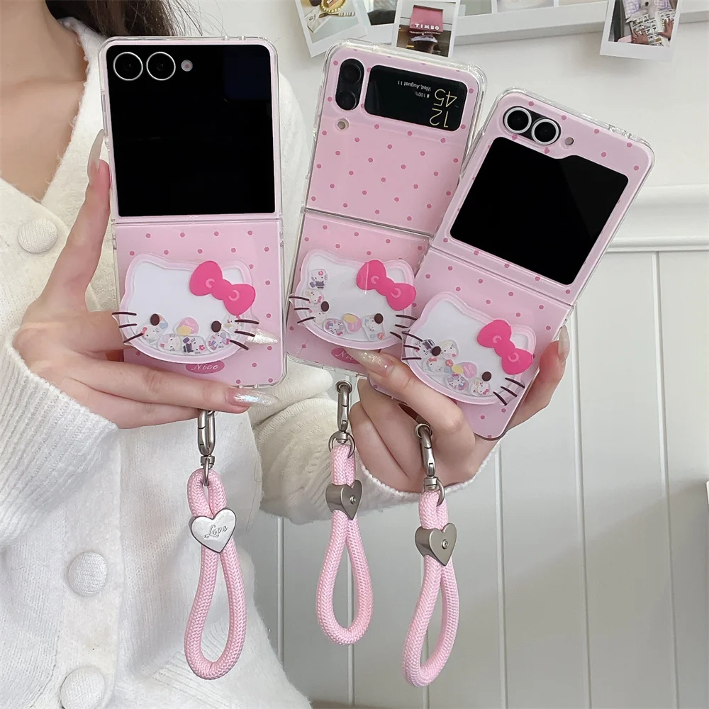 

Ins Polka Dot Phone case With Hellokitty Shake Stand for Samsung Galaxy Z Flip 7 6 5 4 3 Flip6 Flip7 Flip5 Cover With Chain Capa