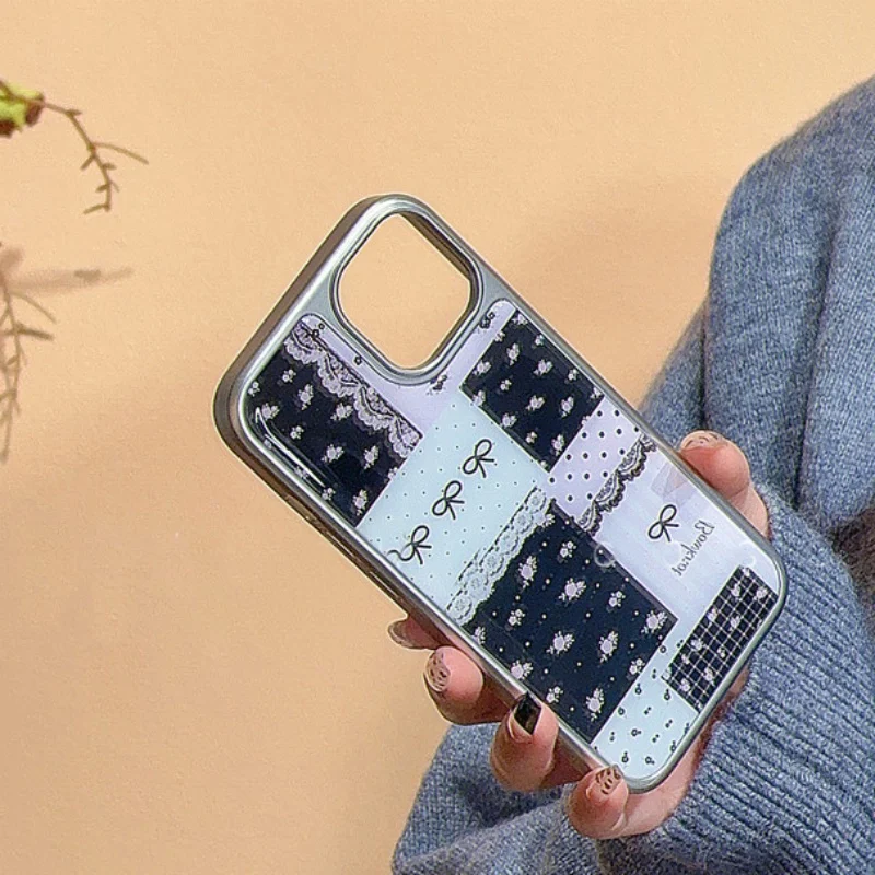 INS Cute Lace Bow Floral Polka Dot Letters Plating Phone Case For iPhone 16 15 14 Pro Max 13Pro Protective Back Cover Sweet Girl