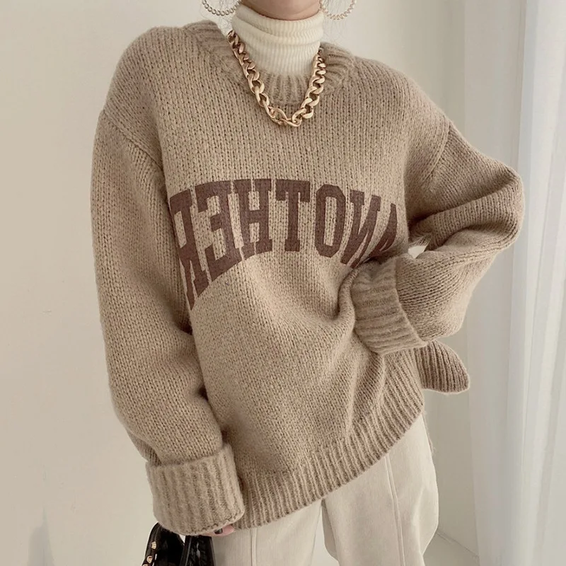 Korean Fashion Candy Color Sweater Pullovers For Women Autumn and Winter Lazy Thicken Sweater Knitted O Neck Letter Knitwear Y2K