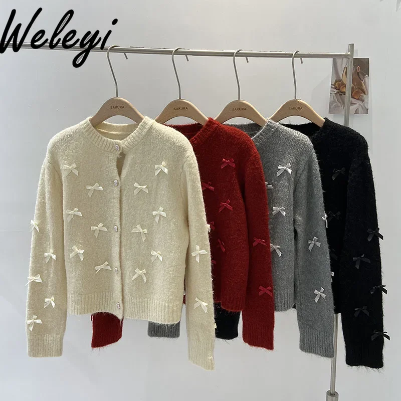 

Kawaii Korean Version of Bow Sueters De Mujer 2024 Autumn and Winter New Casual Loose Chic Cardigan Thickened Knitted Sweaters