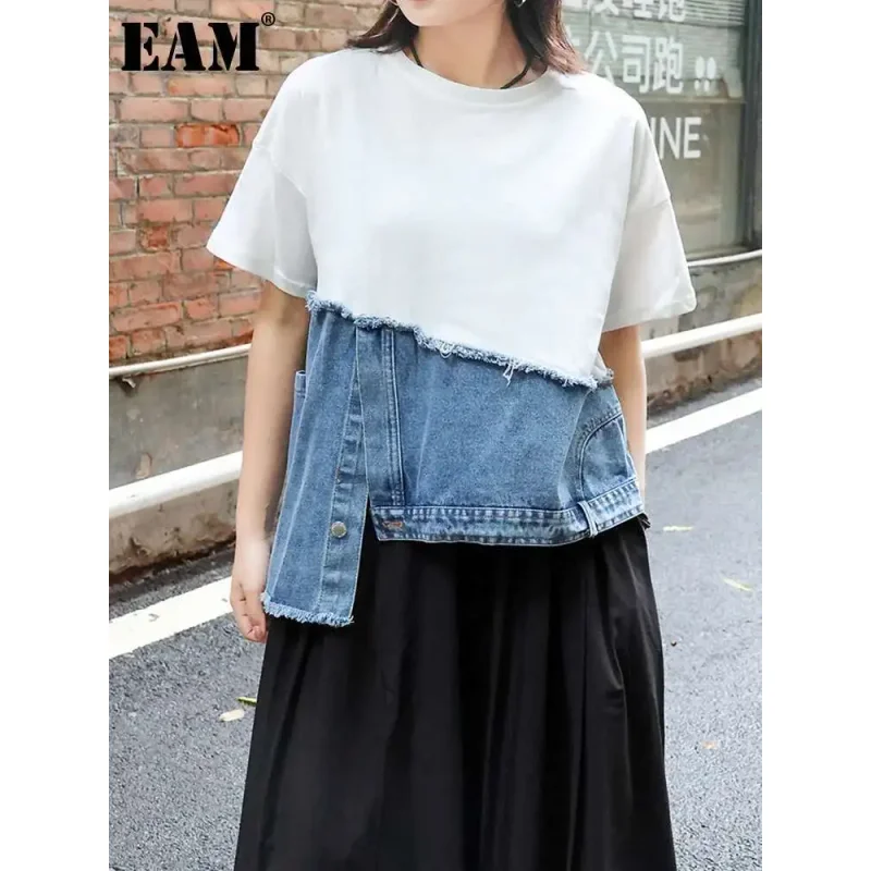 

Women White Denim Irregular Big Size Casual T-shirt New Round Neck Short Sleeve Fashion Tide Spring Summer 2025 T-shirt Women