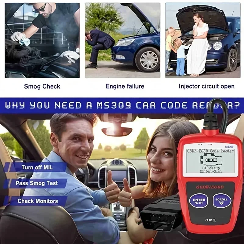 MS309 OBD2 Car Fault Diagnosis Instrument Engine Diagnostic Scanner Tools Clear Fault Codes Turn Off Check Error Light Repair