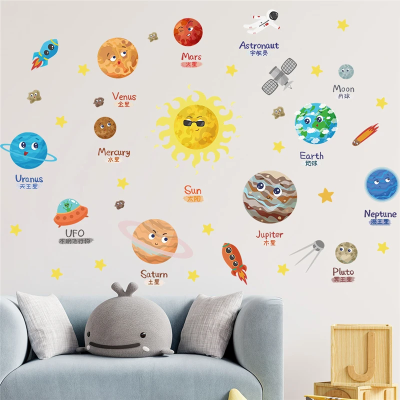 Cute Planet Rocket Starship Astronaut Wall Sticker For Kids Bedroom Home Decoration Space Mural Art Pvc Decals Nursery Posters