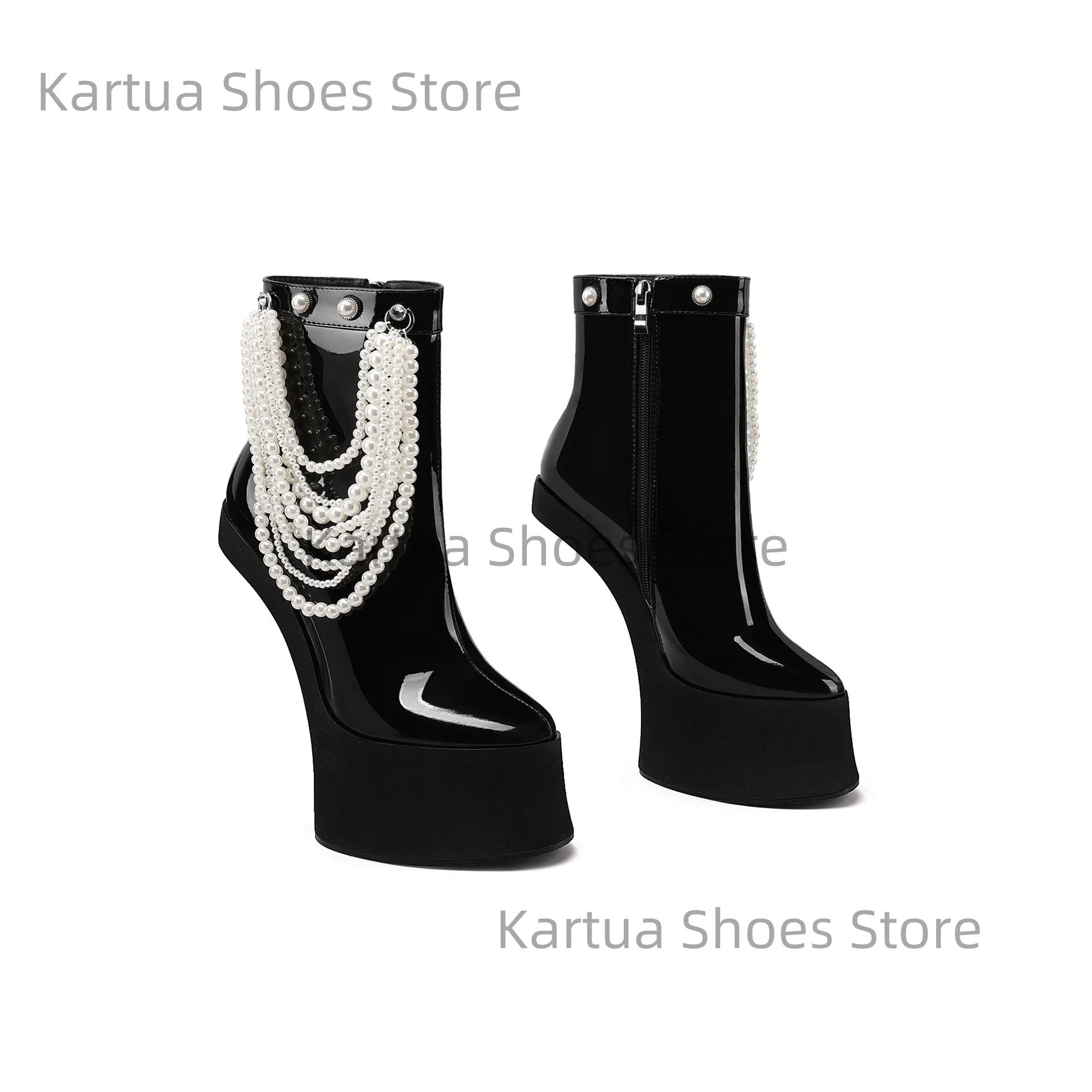 Women's Black Patent Leather Platform Ankle Boots Pearl Chain Decor Chunky High Heel Botas Punk Party Unique Elevated Heel Shoes