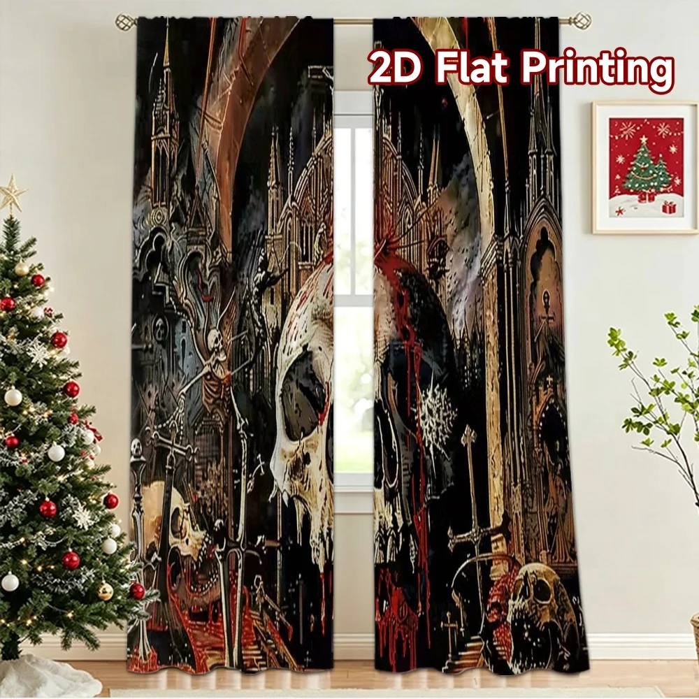 2D flat 2pcs Curtain Country Style Gothic Skull Cathedral Digitally printed polyester Party & Holiday Decor Use for Yard &