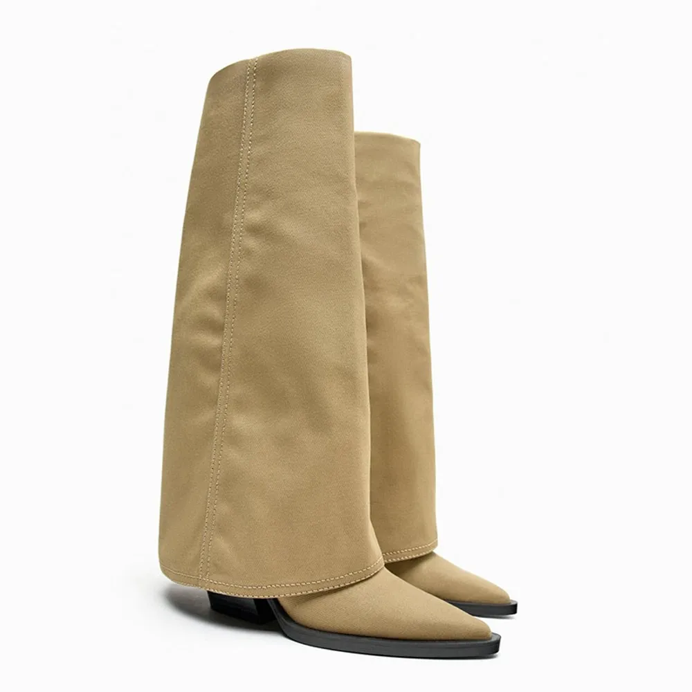 

FWRD Women's Khaki Canvas Pointed-Toe Mid-Calf Boots, Block Heel Slim Fit, Soft Inner & Chic Style for Fall Winter #FWRD000370