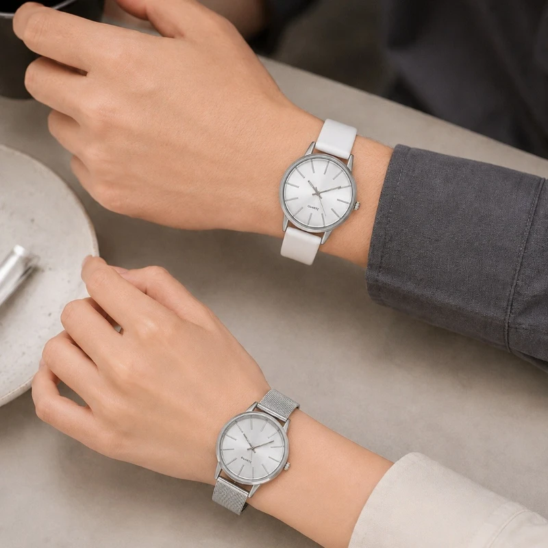 2Pcs Lovers Quartz Watch Set Business Dress Mesh & Leather Strap Analog Wristwatch For Men Women Romantic Couple Present Watch