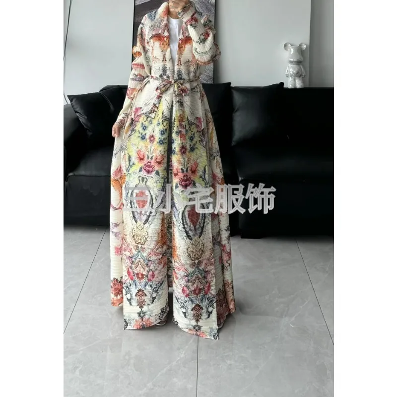 2024 Summer New Muslim Abaya Women's Fashion Luxury Printed Long Sleeve Fold Collar Extended Coat Elegant Robe Women