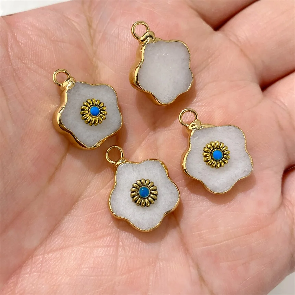 2PCS Retro Flower Natural Stone Rose Quartz & Amazonite Pendants