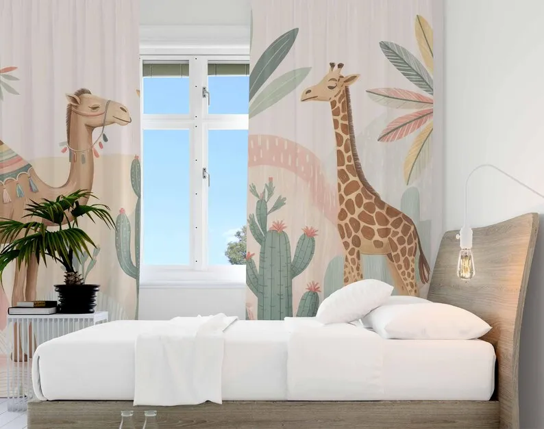Safari Animals Curtains Giraffe Camel Kids Bedroom Curtain Playroom Black Out Nursery Decor Baby Room Living Room Curtain