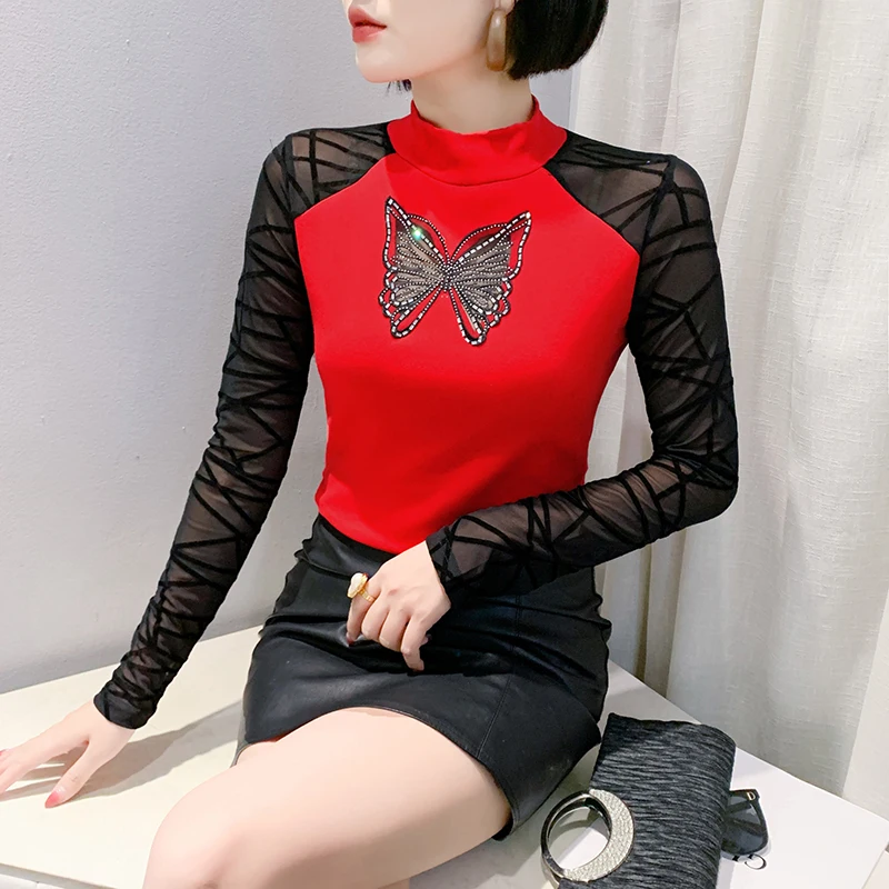 2024 European Clothes Autumn Winter New Long Sleeve T shirt Fashion Butterfly Hot Diamond Tops Slim Women Tees Shirt