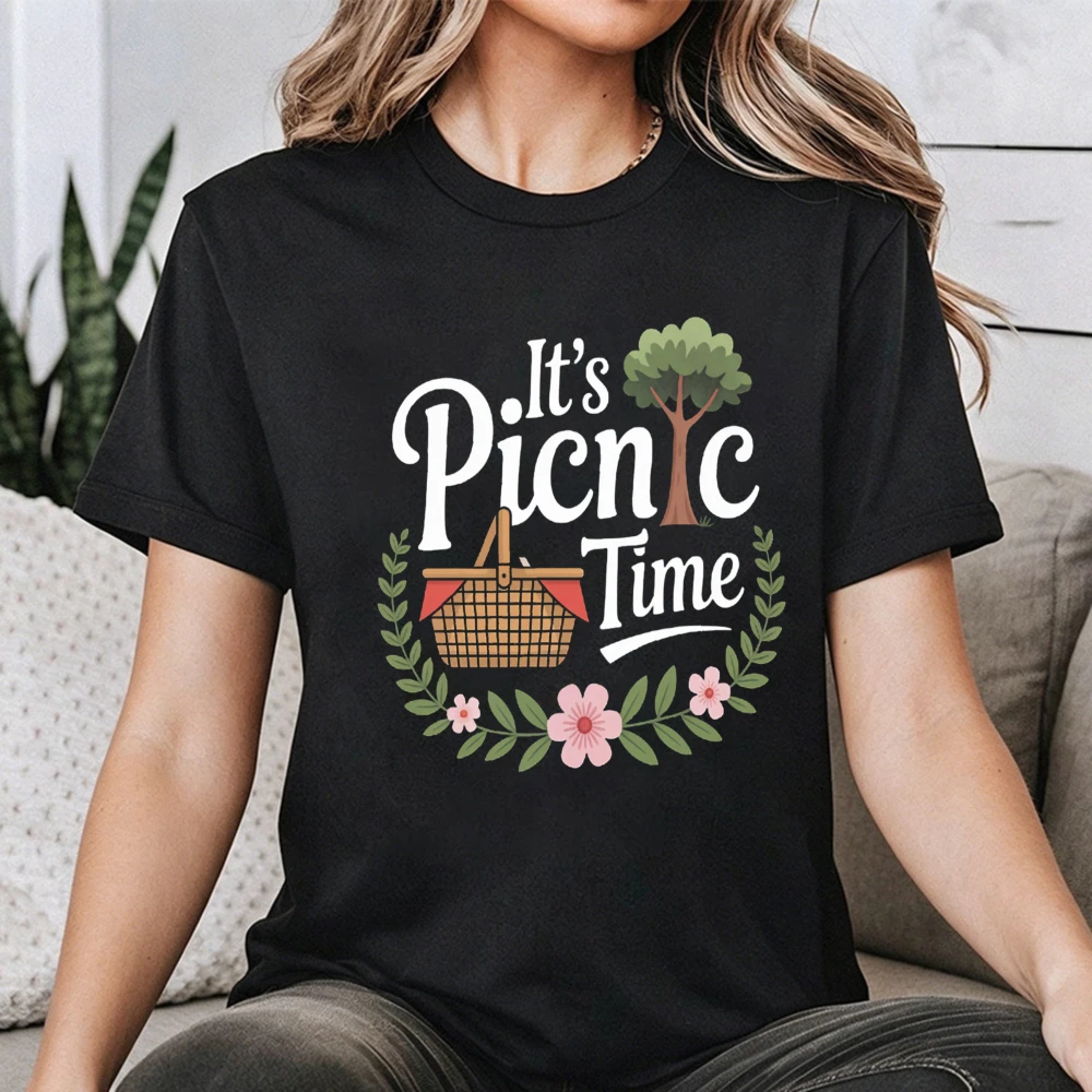 Picnic Time Tree Basket Floral Women T-Shirt Cotton Short Sleeve Clothes Casual Summer Fashion Vacation Trip Gift Top