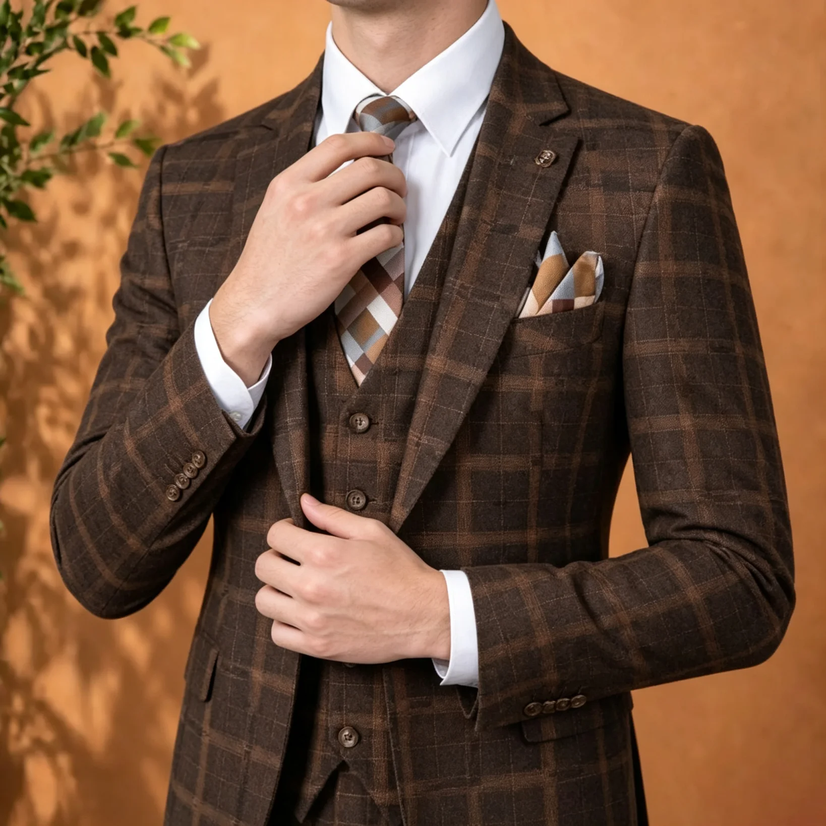 エレガントなブラウンのプレイド柄メンズ3ピーススーツ（ジャケ - Men Formal Wear Brown のレビューと価格