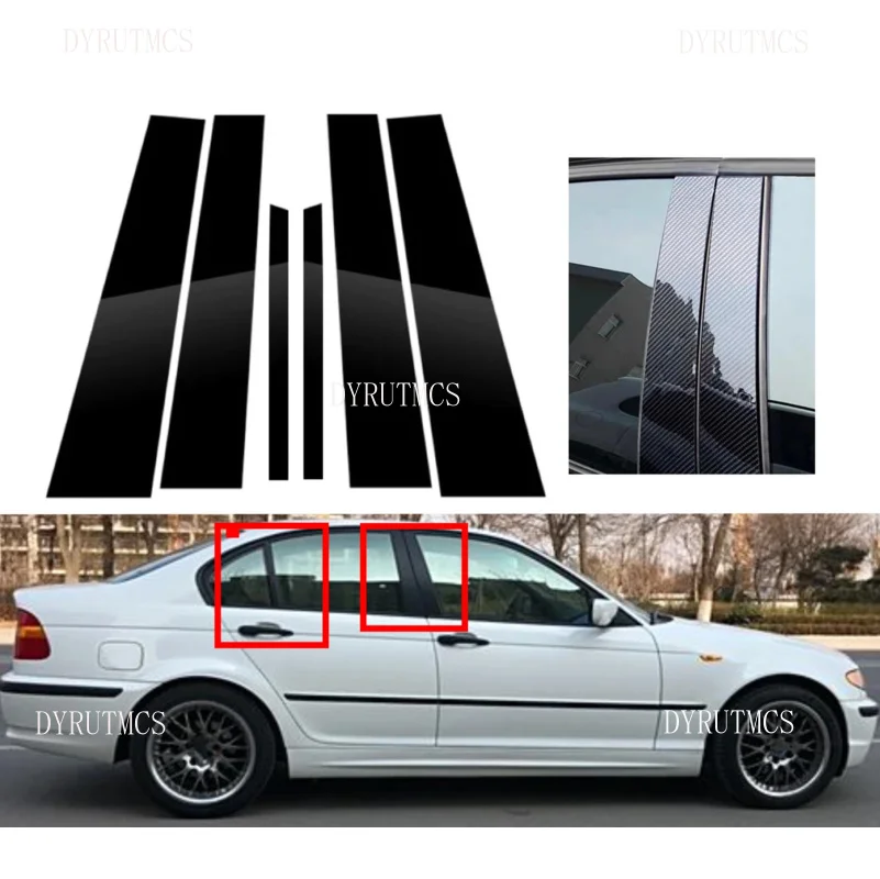

6PCS Gloss Black Pillar Posts Silver Carbon Fit For BMW E46 4-door sedan1998-2005 Window Decor Door Side Mouliding Trim Cover