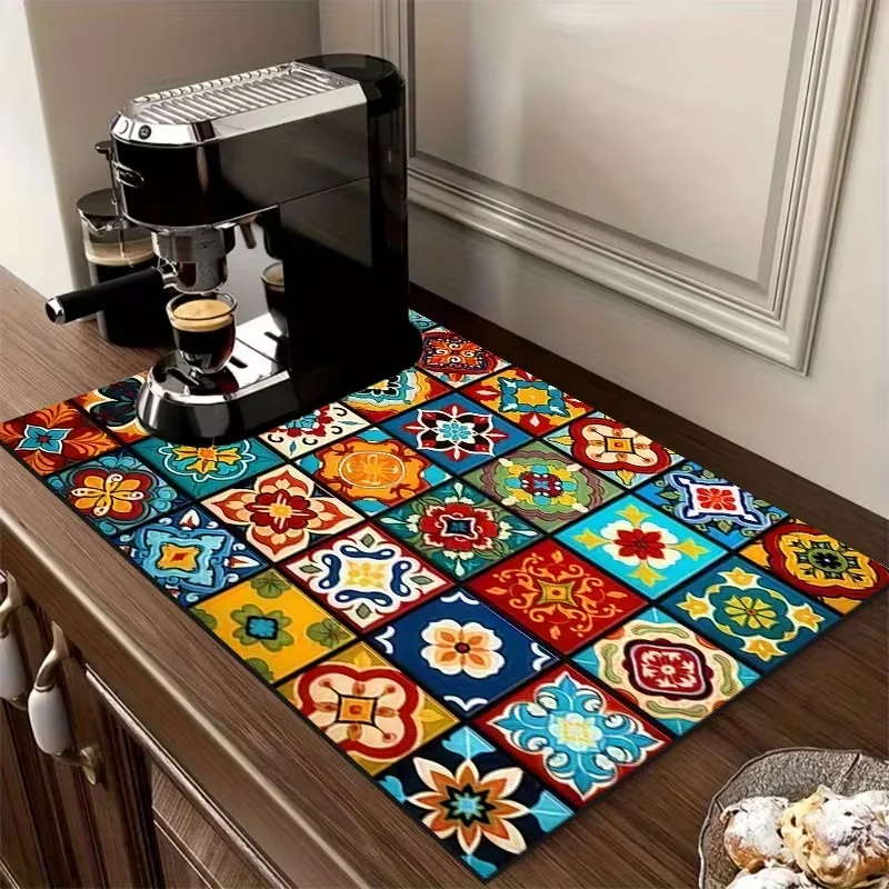 Bohemian Style Art Kitchen Mat Mandala Absorbent Table Mat Kitchen Drainage Mat Anti Slip Coffee Suitable Kitchen  Area Carpet