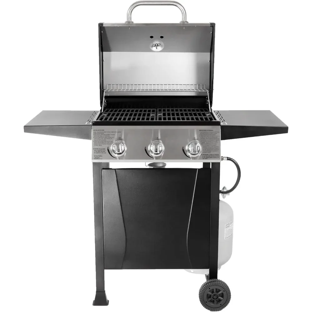 BBQ Propane Gas Grill Outdoor for Barbecue Cooking with Side Burner, Lid, Wheels, Shelves and Bottle Opener, 3 Burner