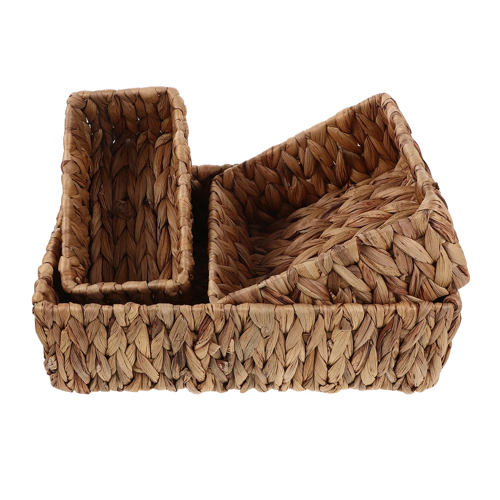 3Pcs Woven Basket Storage Set Handwoven Hyacinth Straw Rectangular Pantry Baskets Snacks Fruit Desktop Living Room