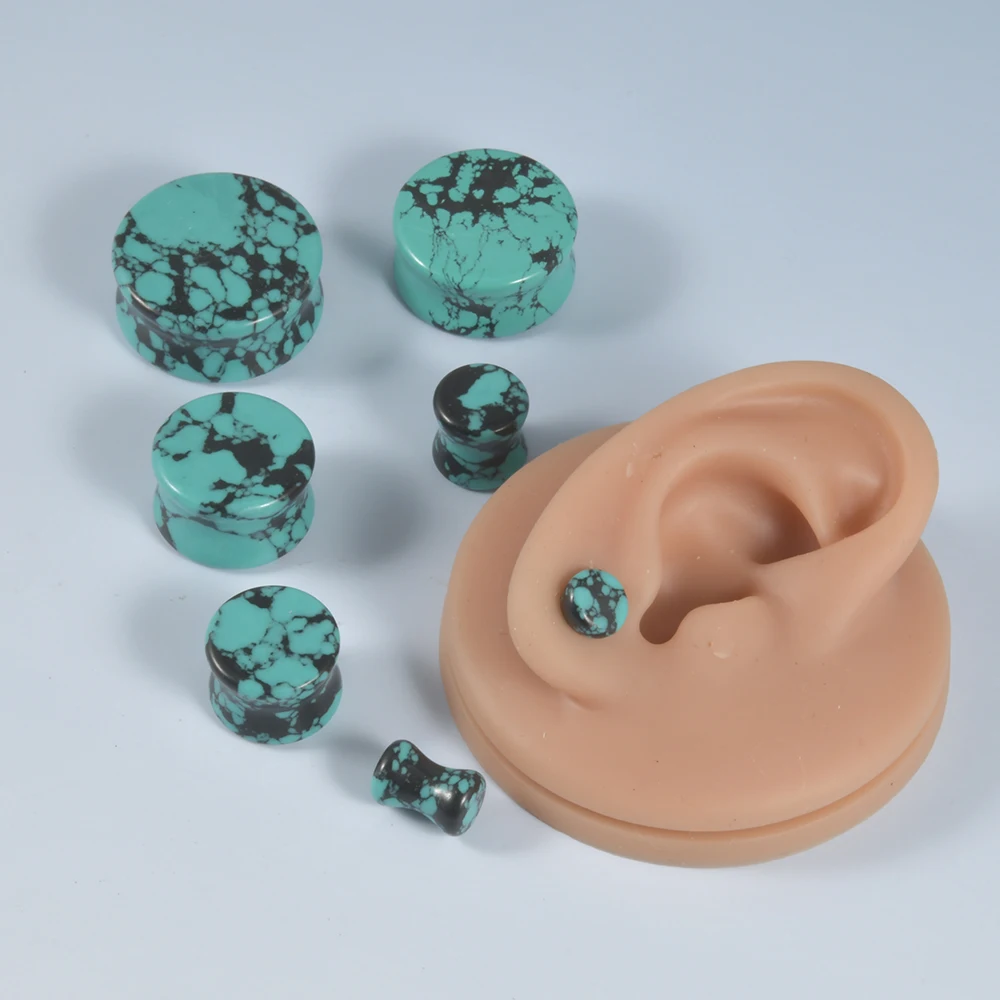 2Pcs Green Turquoise Stone Ear Plugs Gauges Earrings Double Flare Saddle Stretching Gauges Expander Ear Stretcher Body Piercing