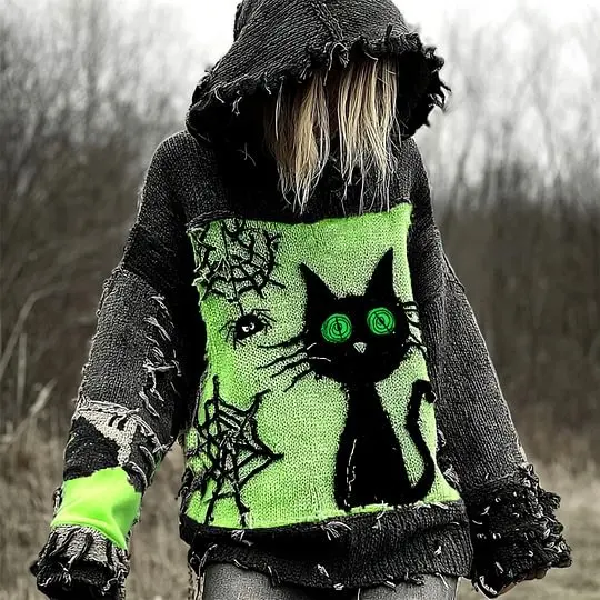 2025 بلوزات النساء المرقعة بلوزات وجه مخيف مطبوعة هوديي موضة طويلة الأكمام موضة كبيرة الحجم ملابس فضفاضة #6