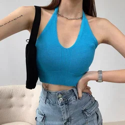 HELIAR Women V-Neck Sexy Tops Cross Halter Tops Knitted Y2K Tops Women Solid Crop Tops Women Camis INS Hot Tops 2024 Summer