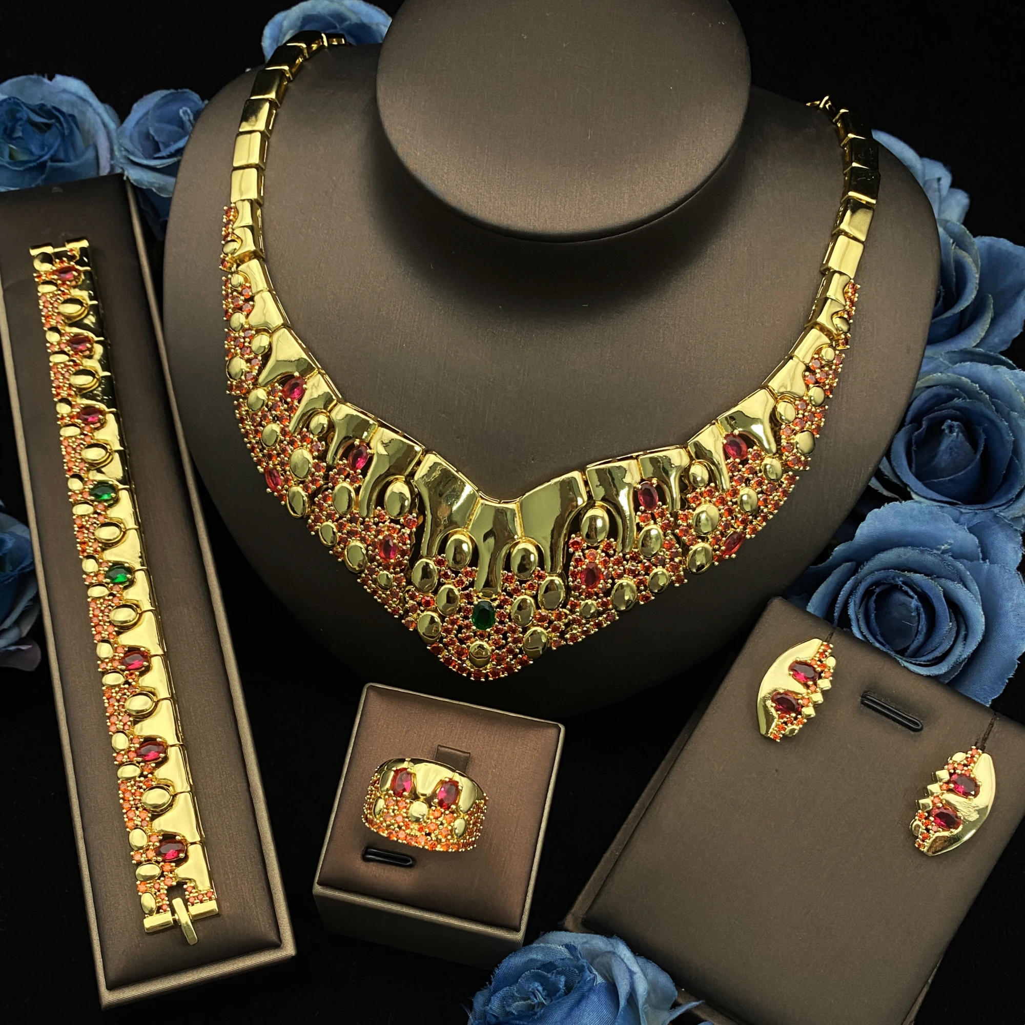 JRH Bridal 4Pcs Set Gold Plated Wedding Jewelry Elegant Necklace Earrings Bracelet Ring for Women Fashion