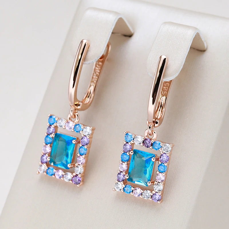 Kienl New 585 Rose Gold Color Square Drop Earring for Women Vintage Blue Natural Zircon Long Earring High Quality Daily Jewelry