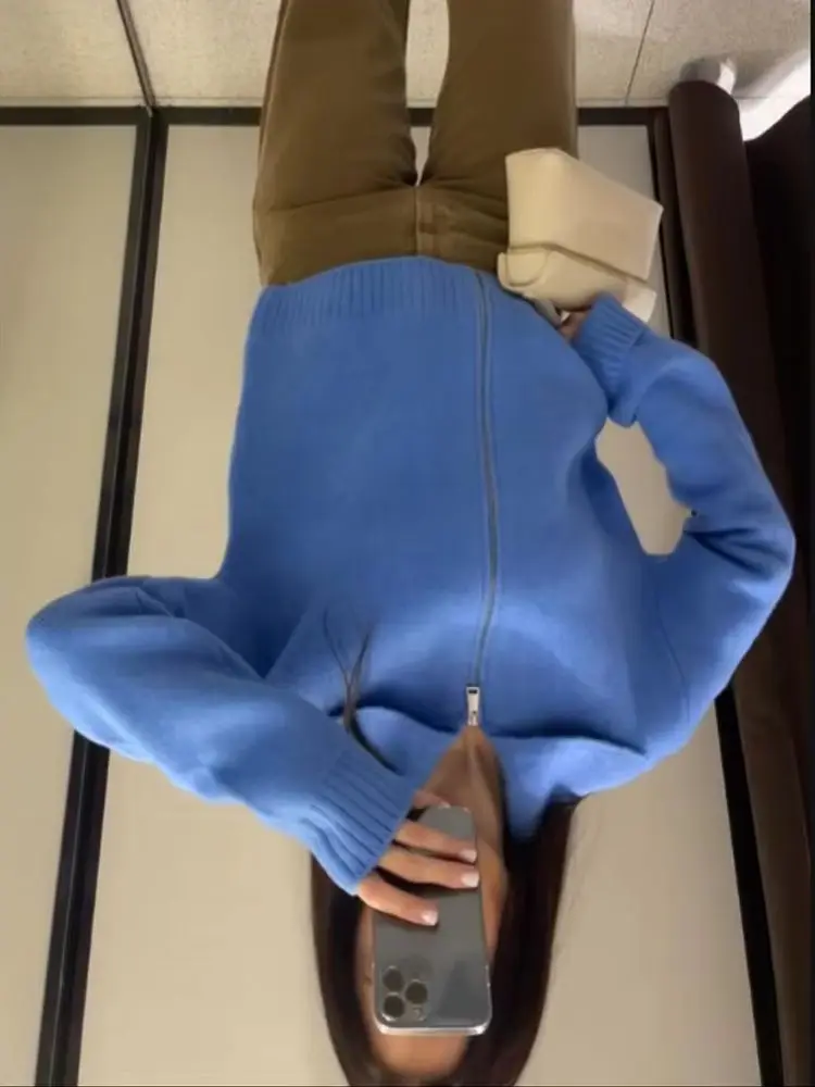 

HH Woman Retro Elegant Turn-down Collar Coat Female Casual Comfortable Long Sleeves Zipper Short Knitted Solid Spring Jacket