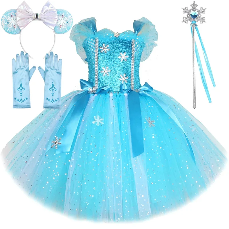 Sparkly Skyblue Elsa Costumes for Girls Glittery Snow Queen Dresses for Kids Snowflakes Christmas Outfits Princess Ballet Tutus